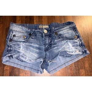 YMI Jeans Women Distressed Denim Shorts Medium Wash Low Rise Size 5 Vintage Y2K